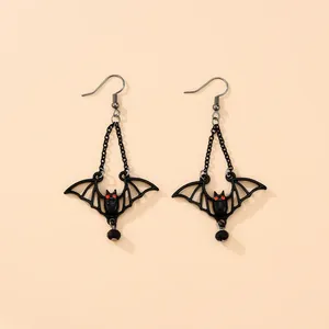 Dangle Earrings Black Bat With Crystal Beads Gothic Jewelry Alternative Gift For Her Lover Halloween