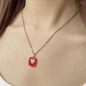 Pendant Necklaces Heart Red Square Hanging Tag For Women Commuting Jewelry Stainless Steel Chain Gold Color Choke Necklace Fashion