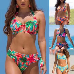 Mulheres Swimwear 2 Pçs / Set Bikini Set Colorido Floral Imprimir Lace Up Colorfast Mulheres para Natação