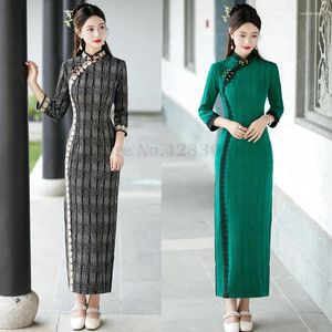 Ethnic Clothing Vintage Chinese Traditional Dress Autumn Long Sleeve Tight Cheongsam Women Elegant Temperament Oversize Vestidos Printed