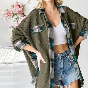 Damenjacken Waffelkariertes Hemdjacke Boyfriend Button-Down Lose Langarmoberteile Herbst Reverskragen Streetwear