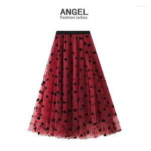 Gonne Gonna lunga in tulle Donna Primavera Estate Coreano Simpatico motivo a cuore Floccaggio Mesh Orlo grande Vita alta Lunga femminile