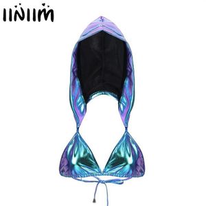 Bras Sets Mini Tops Women Shiny Metallic Deep V Bikini Hooded Crop Top Micro Bustier Vest Sexy Streetwear Clubwear Rave Dance Tank312S