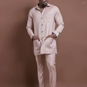 Fatos masculinos terno de luxo terno de duas peças calças polo camisa cor sólida iong manga festival africano estilo nacional roupas