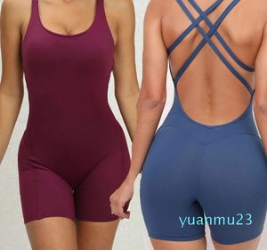 Lu Yoga Hot Style Sports Fitness Running Bodysuit Breathable Gym Clothing Cross Beauty Back Short Butt Lift jumpsuit For Women Lu Lememm Wokrout