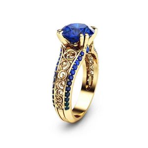 Кольцо с синим сапфиром и цветком, 14-каратное золото, бриллианты на палец, Bizuteria, перидот, драгоценный камень, рубин, 1 карат, изящные круглые кольца для женщин226P