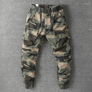 Calças masculinas primavera camuflagem macacão estilo safari multi bolsos carga cintura elástica solta causal ao ar livre jogger