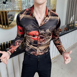 Net Red Society Guy Personlighet Flower Shirt Retro Man Långärmad koreansk slät material Mäns skjorta Slim Nightclub Clothe284s