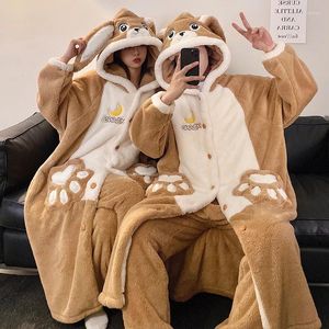 Women's Sleepwear Men Women Night-robe Kawaii Kangaroo Winter Sweethearts Plush Soft Warm Hooded Long Nightgown With Pants Pajamas