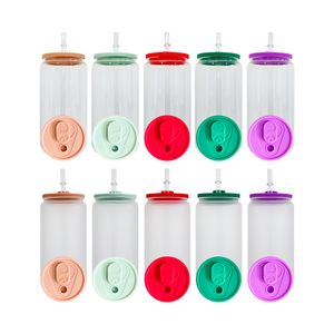ABD Depo BPA Ücretsiz Boş Süblimasyon Borosilate Clear Buzlu Soda Can Bira Cam Şişesi 16 oz Bira Cam Renkli Silikon Kapaklar İçme Tumblers