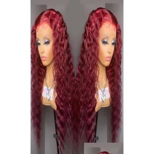 Synthetic Wigs Deep Wave Frontal None Lace Wine Red 613 Blonde Color Brazilian Human Hair For Black Women Water Wavy Wig Cosplay Dro Dhkg8