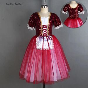 Сценическая одежда 19846 Бордовая романтическая юбка-пачка с короткими рукавами для девочек и женщин Длинное платье балерины для балета Доступно 11 размеров
