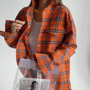 Women's Blouses Fashion Loose Plaid Blouse 2023 Elegant Lapel Long Sleeve Shirts Vintage Oversize Single Breasted Top Female