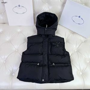 Marca designer crianças algodão com capuz colete bolso no peito colete para meninas tamanho 110-160 cm cintura elástica design sem mangas jaqueta oct05