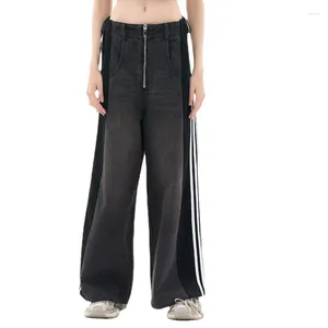 Män jeans män sida splice stripe streetwear märke mode hip hop löst casual wide ben baggy denim pants kvinnor byxor