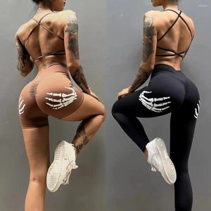 Damen Zweiteilige Hose Mode Skelett Hand Sport Fitness Set Dessous BH Schönheit Rücken Hohe Taille Enge Hüfte Lift Trend Yoga