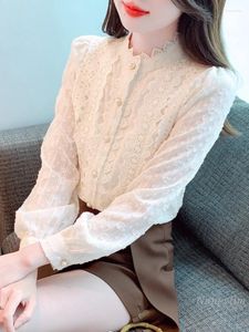 Women's Blouses White Lace Undershirt Shirt Clothing Autumn Winter 2023 High-Grade Underwear Long-Sleeved Top Buttons Femme