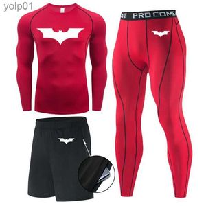 Herrspårar Män komprimeringsträning Sport Running Tights MMA Cloting Bat T Shirt Sweat Gym Leggings 3 Pieces Underwear Jogging Sweet Topl231016