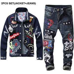 Dark Blue Tracksuit Spring Autumn Embroidered Badge Men's 2st Pant Sets Fashion Slim Fit Denim Jacket och Stretch Jeans259L