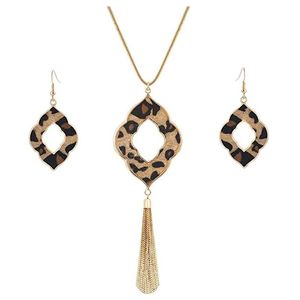 Ohrringe Halskette lang für Frauen Leopardenmuster Gepard Leder Tropfen baumeln Set geometrische Anhänger Fransen Quaste204f