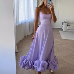 Lässige Kleider Sexy Hosenträger Rückenfrei Frauen Party Langes Kleid Mode Ärmellos Großer Saum Rüschen Damen Elegant Oansatz Solide Schlank