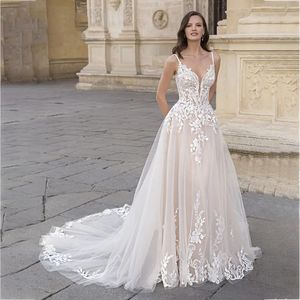 A-Line Vineck Spaghetti Stems Backless Vestidos de Novia Wedding Dress Te-Length Applicques Bridal Made Gown Custom