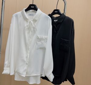 Camicia da donna con nastro di raso, camicia bianca e nera, tasca sul petto con ricamo, camicia cardigan a maniche lunghe, camicia da uomo