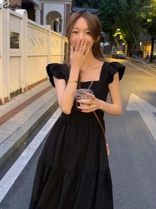 Sıradan elbiseler siyah kare yaka midi kadınlar için mori kız tarzı minimalist şık yaz moda uçan kol mizaç kolej