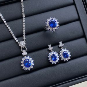 Women Wedding Jewelry Set Simulated Sapphire Blue Crystal zircon Diamond Open Ring Pendant Necklace Earring studs Girlfriend Party Birthday Gift