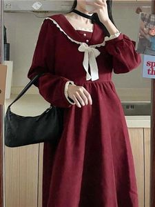 Casual Kleider QWeek Vintage Preppy Style Schule Student Kleid Rot Japanisch Harajuku Koreanisch Kpop Sailor Kragen Langarm 2023 Herbst