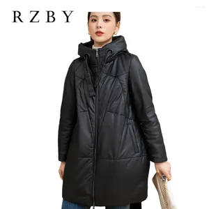 Kvinnor läder rzby topp lamm down jackets vinter lång blixtlås couro legitimo feminino roupa lös blazer mujer hooded ocercoats rzby2531