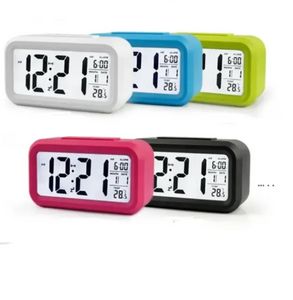 Sveglia muta in plastica LCD Smart Temperature Carino fotosensibile da comodino Allarmi digitali Orologi Snooze Nightlight Calendario C364