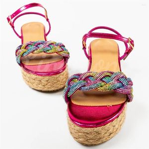 Dress Shoes Fuchsia Rhinestone Strap Espadrilles Platform Wedge Buckle Sandals Raffia Heel Handmade Patent Leather Sale