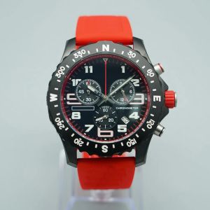 メンズウォッチジャパンクォーツクロノグラフ48mm時計ブラックダイヤル赤いラバーメンズウォッチハードエックスガラス腕時計