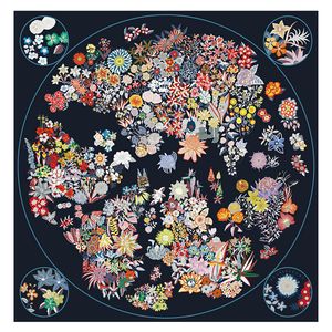 Scarf Women Circular Flower Printing Square Scarves Fashion Head Echarpes Silk Foulards Femme Wraps Beach Shawls Bandana Lady Hijabs X 90Cm