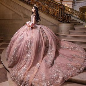 Rosa glänzendes Ballkleid Quinceanera-Kleid, Tüll-Applikationen, Blumen, Perlen, sexy, schulterfrei, süßes 15-16-Geburtstagsfeier-formales Kleid