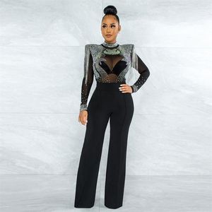 Macacões femininos macacão elegante preto strass embelezamento perna larga chique lantejoulas franjas bodycon aniversário outf263n