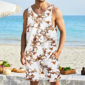 Herrbanor män sommar avslappnad blommig tank toppar kort kostym strand tropiska kläder topp set mode