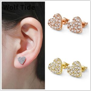 Cubic Zirconia Womens Love Heart Stud Earrings 925 Sterling Silver Rose Gold Full Diamond Earring Studs Hip Hop Ear Jewelry Gift for Ladies Wolf Tide Bijoux