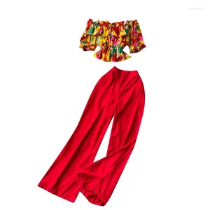 Women's Two Piece Pants 2023 Set French Sexy One Shoulder Fleece Floral Print Shirt High Waist Wide Leg Street Apparel