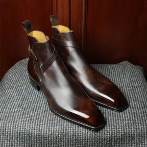 Neue braune kurze Stiefel für Herren, schwarze Schnalle, modische Stiefeletten, Business-Stiefel mit quadratischer Zehenpartie