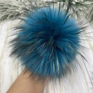 Berets 6'' Peacock Blue Color Fur Pompom For Beanie Handbags Hats Keychain Natural Poms Multicolor Large Raccoon