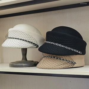 Berets Winter Luxus Frauen Visier Hüte Wolle Baskenmütze Hut Filz Fedora Leder Band Pillbox Hochzeit Damen Mode Knochen