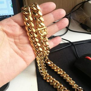 Jóias de aço inoxidável 18k banhado a ouro alto polido cubano link colar masculino punk curb corrente dragão trava fecho 15mm 18inc2082