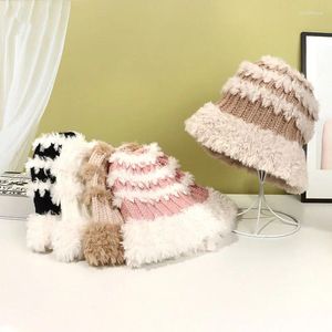 Berets Women Knitting Mink Fleece Fisherman Hat Winter Contrast Color Skating Camping Hiking Warm Bucket