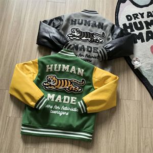 Men s Jackets Flocking Towel Embroidery Tiger HUMAN MADE Varsity Baseball Men Women Green Gray Patckwork Leather Sleeve Coat 231016