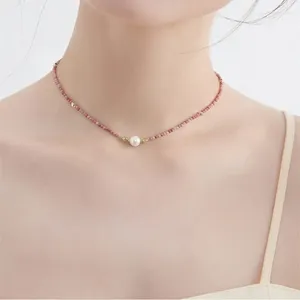 Girocollo Minar Boho Collane con perline in pietra naturale di colore rosa rosso per le donne Filo di perle imitazione rame placcato oro reale 14K