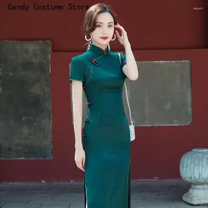 Roupas étnicas Verão Qipao Long Split Dress Verde Escuro Cheongsam Elegante High-End Girl Melhorado Vintage Estilo Chinês