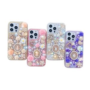 Luxury Rhinestone Cases For Apple 15 Promax Ultra IPhone 14 Pro 13 12 Mobile Phone Protection Cover Pearl Flowers Acrylic 3D Sweetheart Design Phone Case Non-slip