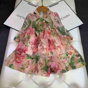 Abito da ragazza di design di lusso Abito estivo con fiori per bambini Primavera per bambini Ragazze con fiocco Abiti a maniche lunghe Dolci vestiti per bambini